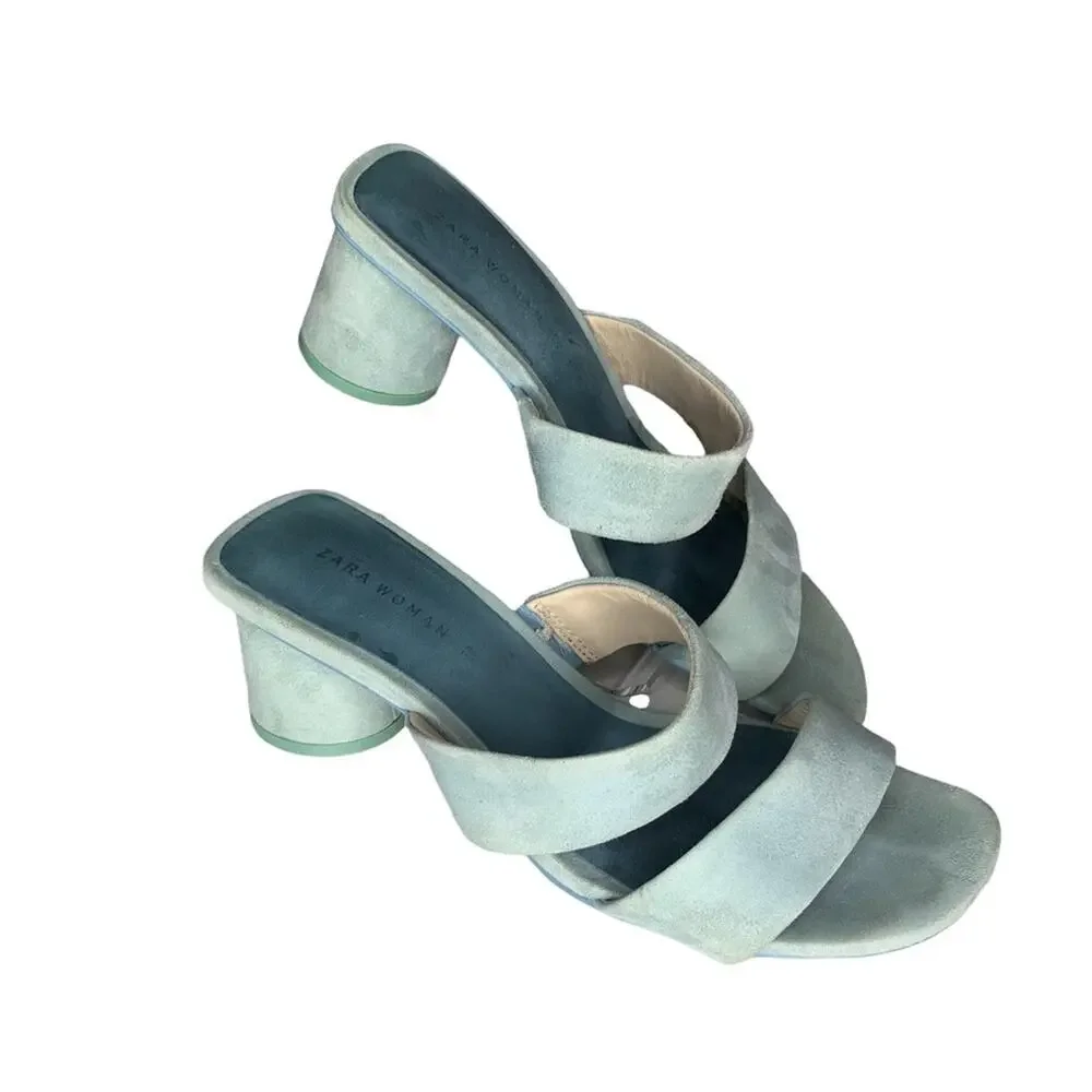 ZARA Sandals Size 6.5 (37) baby blue chunky 2.25" heels - Picture 9 of 14